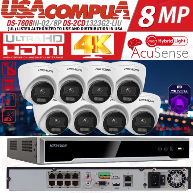 Hikvision 8CH 8POE IP Camera System 4K NVR DS-2CD1323G2-LIU 2MP Hybrid Light Lot