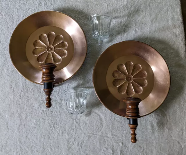 Set of 2 Vintage Copper Sconce Wall Mount Candle Reflector with 2  Glass Votives