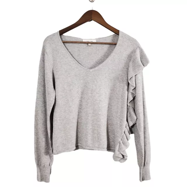 John + Jenn  Sweater Women's Small Petite Light Gray Ruffled Soft Feminine