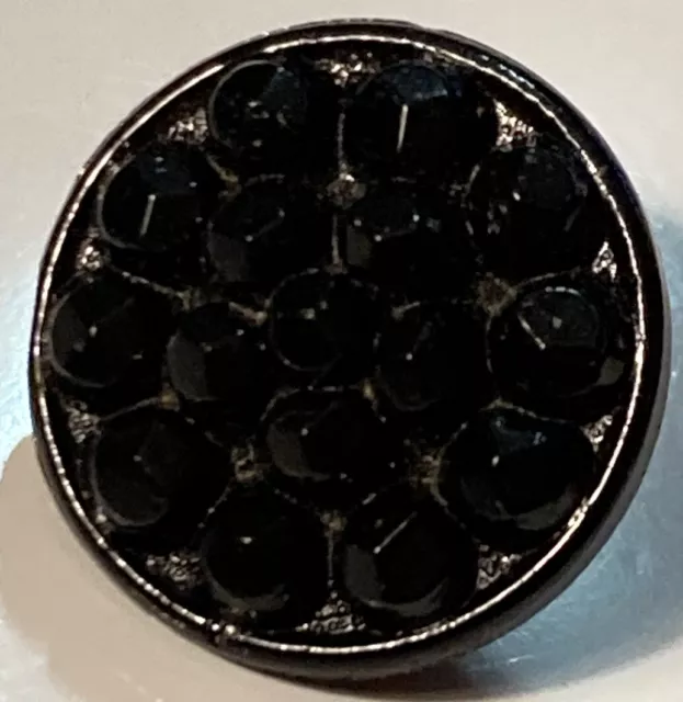 Antique Jet Black Glass Button Beaded Geometric Relief Metal Shank 1/2"