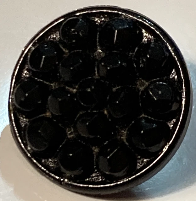 Antique Jet Black Glass Button Beaded Geometric Relief Metal Shank 1/2"