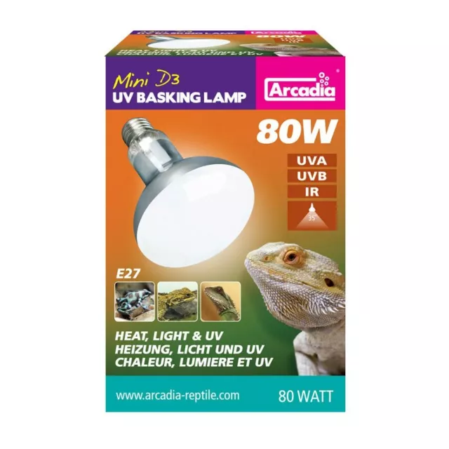 Arcadia D3 UV Basking Lampada E27 80W Terrari Rettili Lucertole Warane