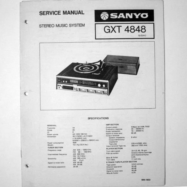 SANYO ® Model GXT4848 Stereo 8 Track Music System - Service Manual © 1976 New NO