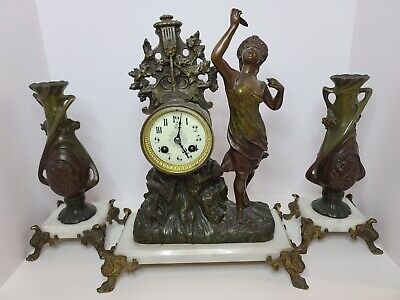 Antique Working 1800's Japy Freres French Victorian 3 Piece Clock Garniture Set