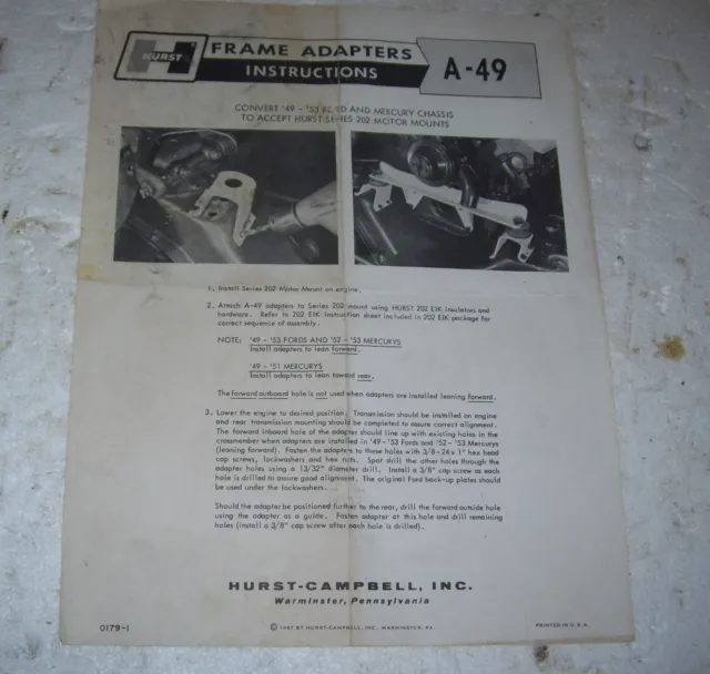 Hurst   Frame Adapter Instructions-1949 To 1953 Ford And Mercury A49