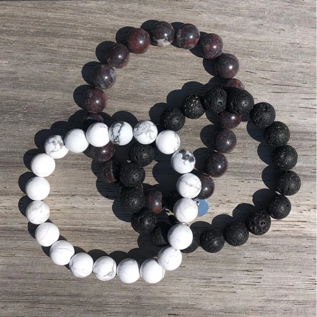 Set de 3 bracelets en Pierre de Lave Jaspe Brécisé et d'Howlite Perles de 10 mm