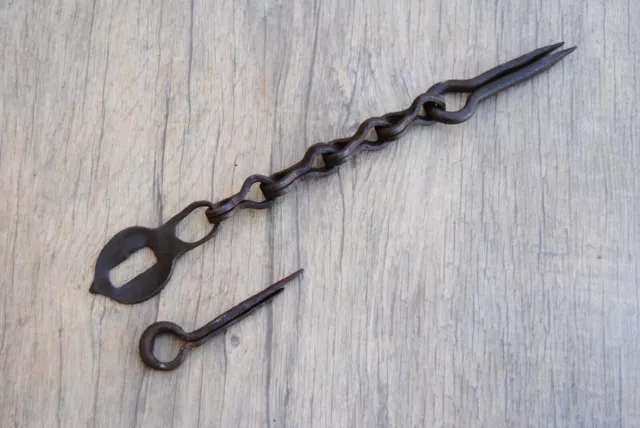 Rare 19c original handforged wrought iron door gate chain latch lock farm decor 2