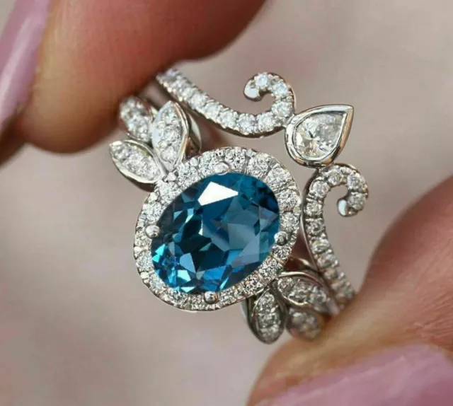 OVAL CUT LAB-CREATED London Blue Topaz Diamond Bridal Ring 14K White ...