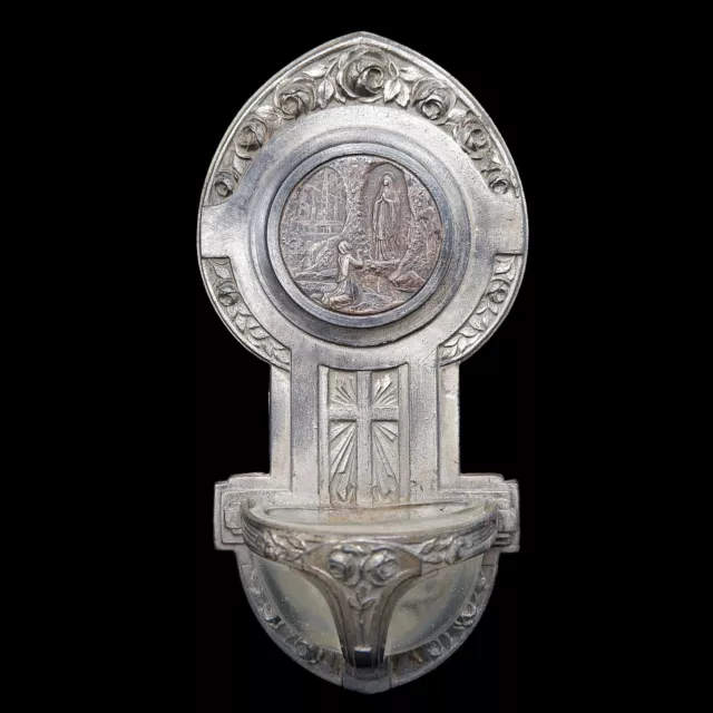 Acquasantiera Immacolata Concezione 1900 Antica Con Vetro Lourdes