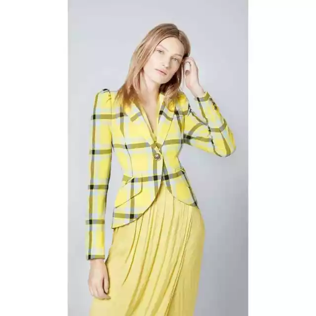 Smythe Pouf Sleeve One Button Blazer Jacket in Lemon Plaid Size US 8