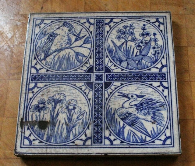 ANTIQUE english MINTON HOLLINS blue & white birds flower TILE b