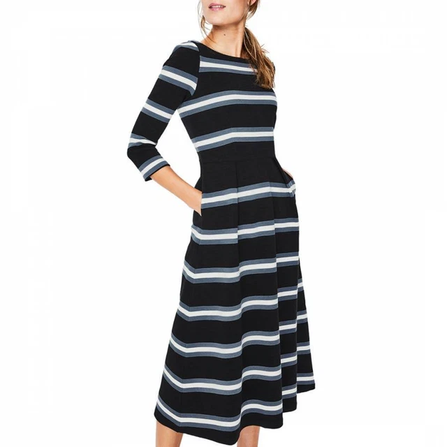 BODEN WHITE AND blue striped Alma Ottoman midi dress 3 4 sleeves