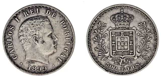 500 Silver Reis Charles I /  500 Reis Plata Carlos I. Portugal 1899. Vf+ / Mbc+.