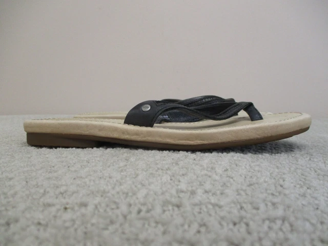 Ugg Sandals Womens 8 Black Beige Elyza Leather Casual Thong Slip On Flip Flops
