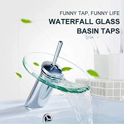 Funime Glass Basin Taps Waterfall Bathroom Sink Mixer Taps Modern With Hoses 8