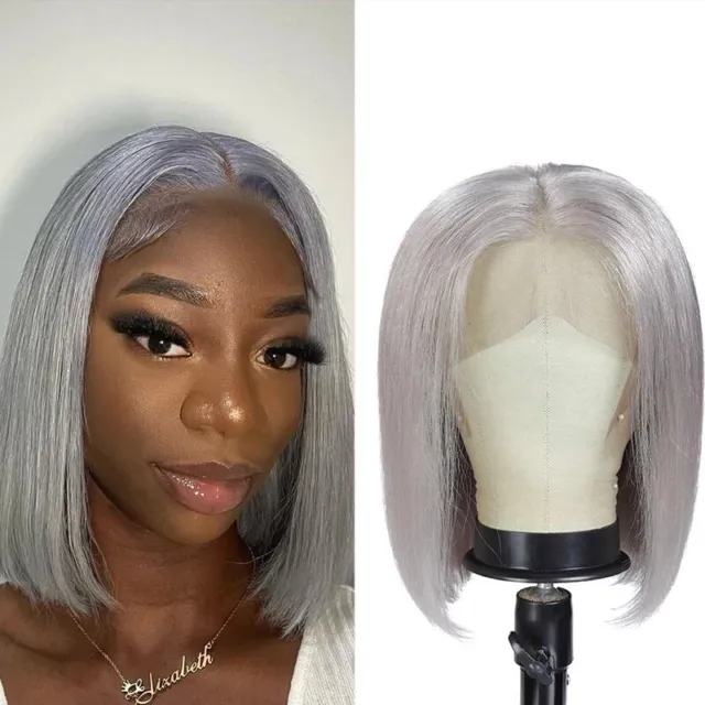 Short Bob Straight Grey Lace Front Wig Remy Human Hair PrePlucked Wigs for Women
