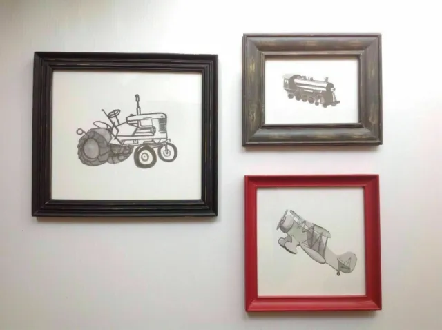 Pottery Barn Kids Framed Transportation Drawing Set Of 3 Brand New Rare