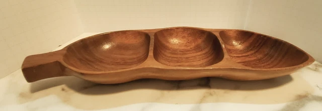 Vintage Genuine  Monkey Pod Handcarved Wood 3 Compartments Dish