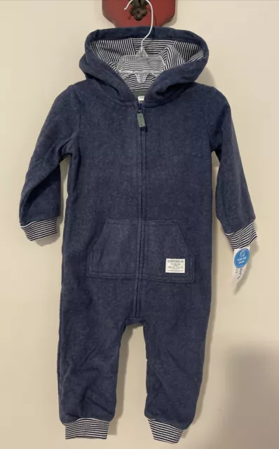 Carters Baby 12 Months Blue Fleece Hooded One Piece Zip Up Outfit NWT! A3053