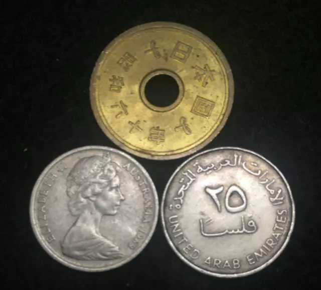 World Coin Lot - Australia, Japan, United Arab Emirates Plus A Bonus UNC Bill