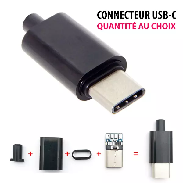 Connecteur USB Type-C Fiche Mâle pour Câble Soudure Plastique à Souder Noir Lot