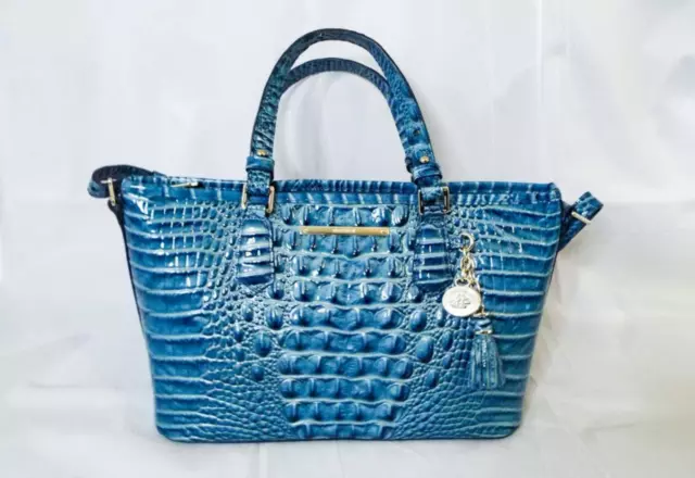 RARE COLOR Brahmin Leather Mini Asher Blue Lagoon Croc Embossed Convertible Tote