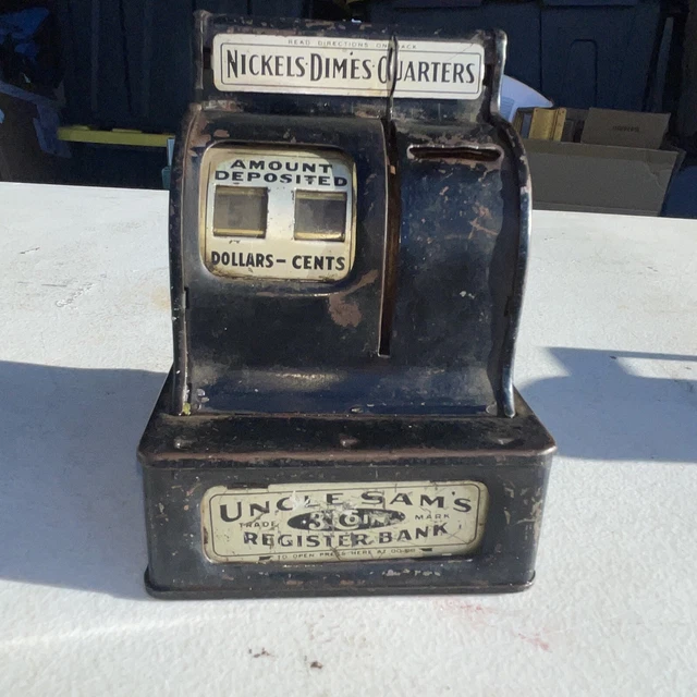 Vintage  Uncle Sam's 3 Coin Cash Register Bank Metal  Made In Usa