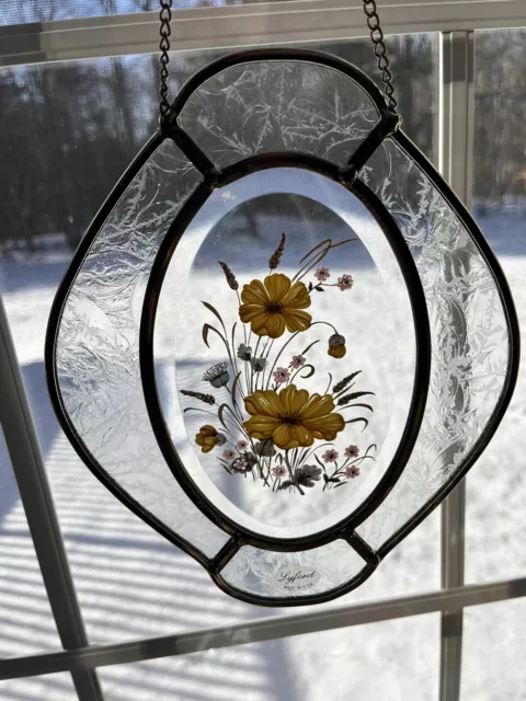 Lyford Beveled Leaded Stained Clear Glass Suncatcher Floral Pattern 8 3/4" X 7"