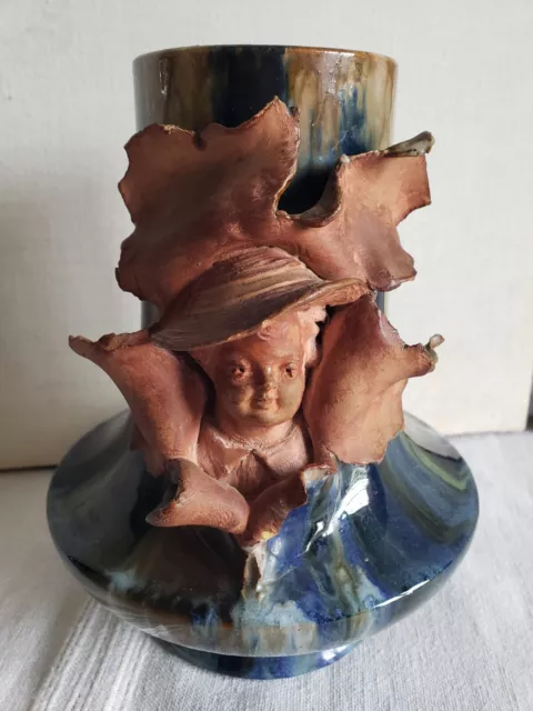 Ancien Vase En Terre Cuite Vernissée Flammée Avec Visage D'enfant...