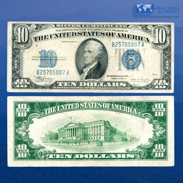 1934C $10 Ten Dollars Silver Certificate Blue Seal, VF #05007