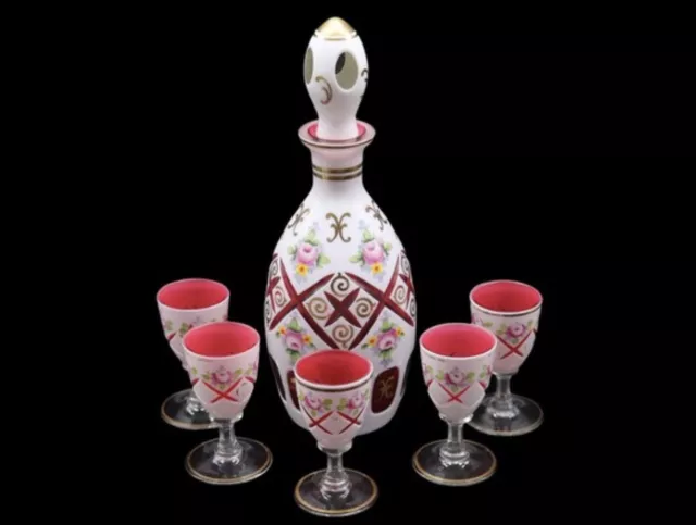 Czech Bohemian White Cased Overlay Cut to Cranberry Decanter and Five Cordials