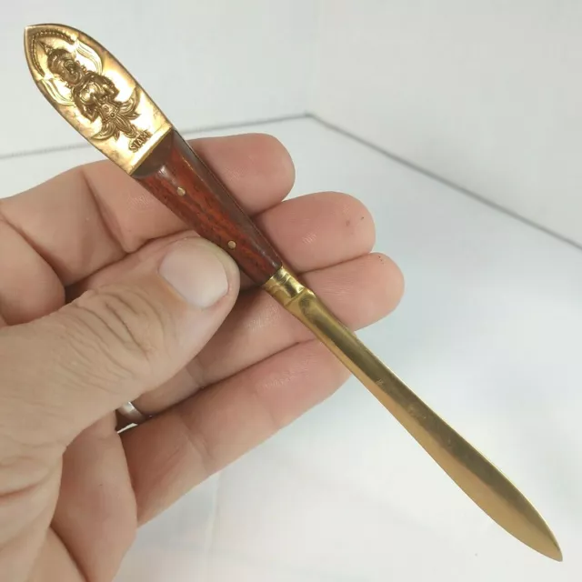 Vintage Antique Siam Buddha Thailand Wood Handle & Brass Letter Opener Pre-Owned