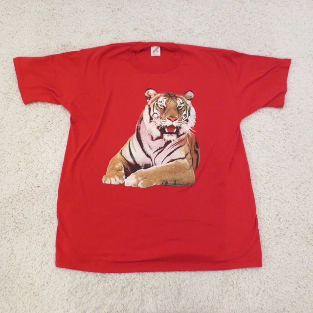 VINTAGE Tiger Shirt Mens 2XL XXL Red Single Stitch Puff Paint Jerzees 90s USA