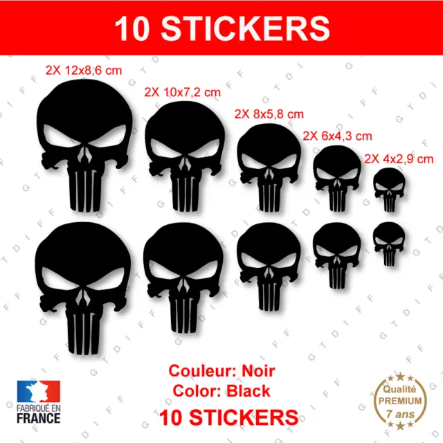10 Stickers PUNISHER Noir Autocollants tête de mort Skull