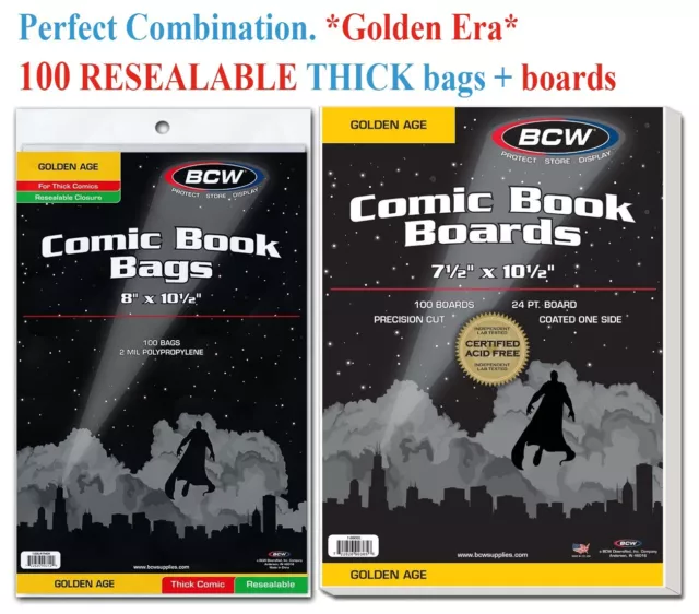 100 BCW Golden Age RESEALABLE THICK Comic Bags Protection Sleeve + Back Boards