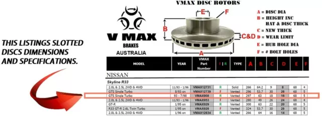 SLOTTED VMAXR fits NISSAN Skyline R33 GTST Single Turbo 93-98 REAR Disc Rotors 2