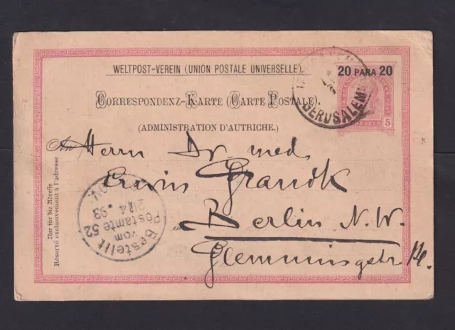 1893 - 20 P. österreichische Ganzsache ab Gerusalemme nach Berlin (23010404)