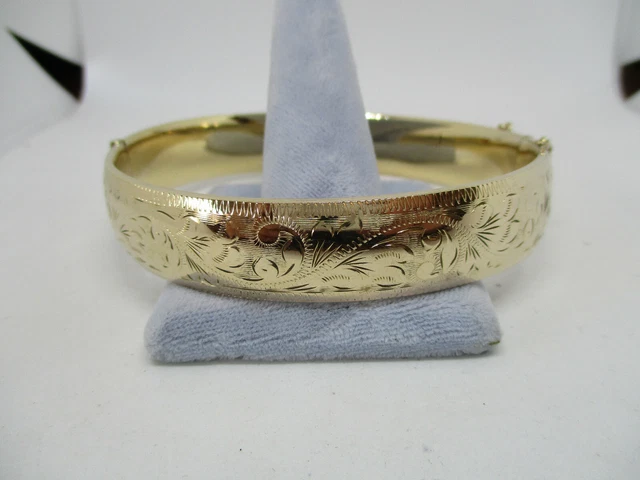 ANTIQUE VICTORIAN HG&S 9CT ETCHED YELLOW GOLD  METAL CORE BANGLE BRACELET 38.6 g