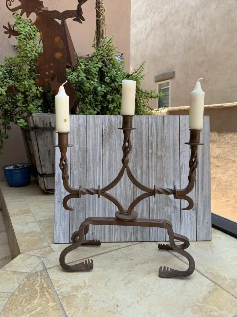 Primitive Hand Forged Twisted Wrought Iron 3 Candle Holder 15-3/4” Tall x 15-1/2 2