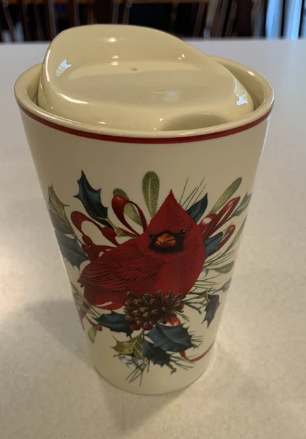 Lenox Winter Greetings Travel Mug & Ceramic Lid -NEW Cardinal Pinecones Ribbon