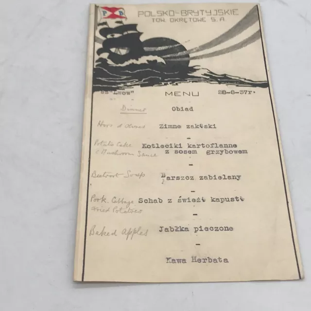 Polish 1937 Polsko Brytyjskie Ss Lwow German Sunk Bari Bombing Raid Ww2 Menu