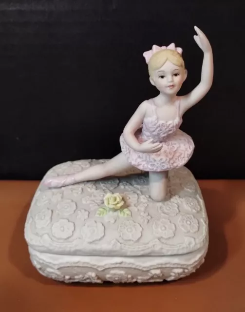 Vintage Porcelain Ballerina Girl Flower Trinket Box By Enesco /Taiwan 4.5 x 6" T