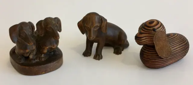 Dachshunds (Sausage Dogs), Small Wooden Ornaments, Group of Three, Vintage