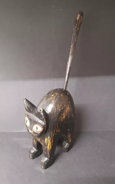 Wooden Cat Figure Carved Hand Painted Cat Statue Ornament 37cm Tall