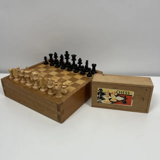 Vintage Wooden Chess Pieces Turned Beech Design Wooden Box - K&C