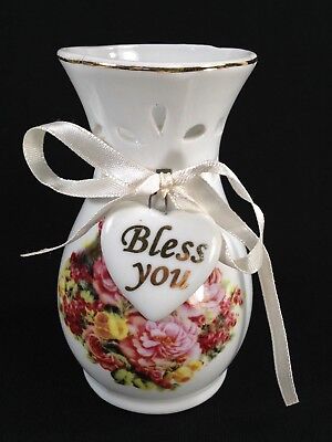 Lily Creek White Vase Bless You Heart Red Pink Yellow Flowers Gold Religious