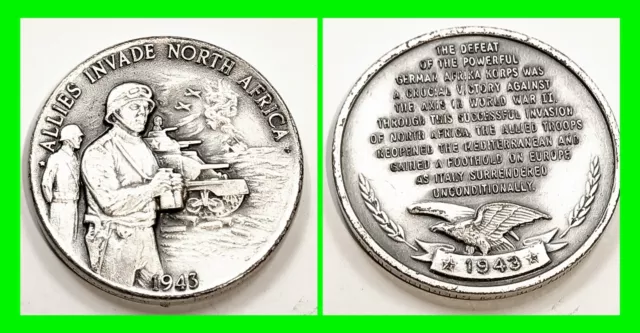 High Relief WWII 1943 Allies Invade North Africa - Sterling Silver Medal / Token