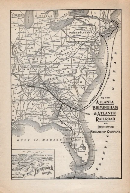 1910 Atlanta Birmingham & Atlantic Railroad Map Antique Railway Map   1385