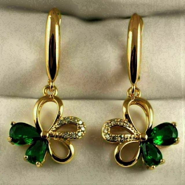 2Ct Pear Cut Simulated Green Emerald &CZ Drop Earrings 925Yellow Sterling Sliver