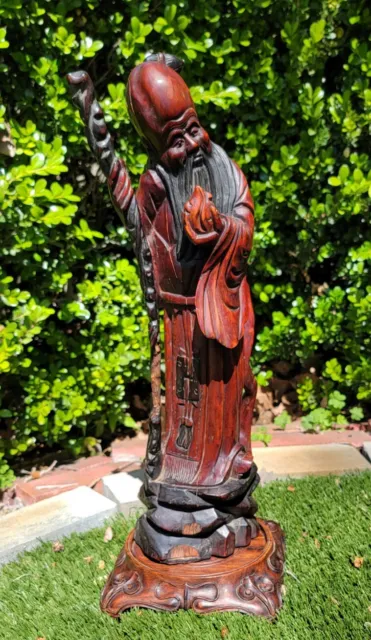Antique Chinese Carved Rosewood Statue Shou Lao Immortal God Of Longevity 19th c